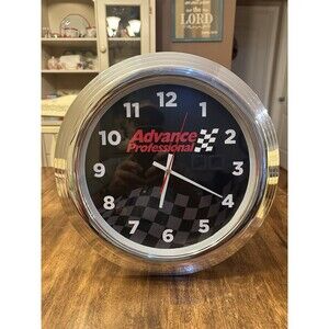 Advance Professional Auto Parts Wall Clock Checkered Flag Chrome Tested Working